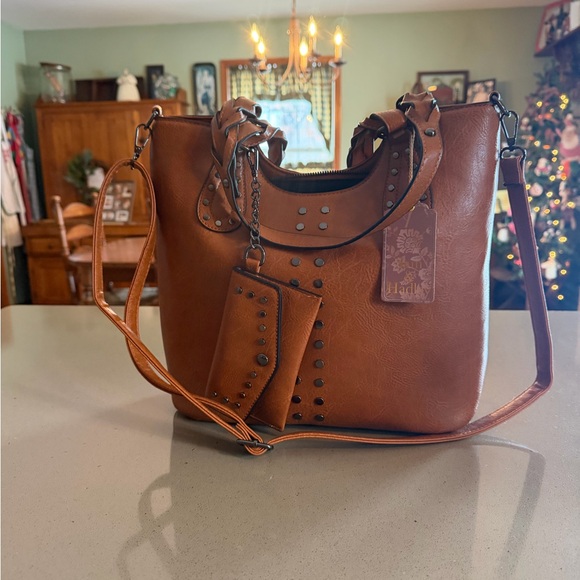 Boho Tan Studded Shoulder Bag - Picture 2 of 5